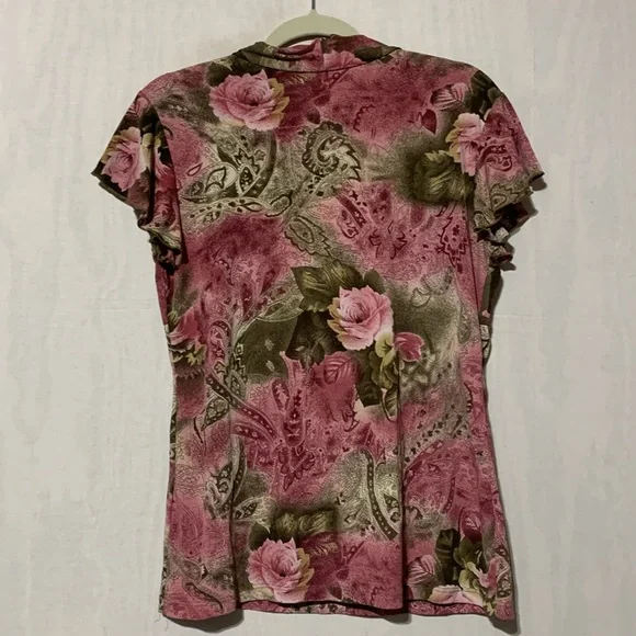 Y2K JKLA Floral Pink and Brown Faux Wrap Romantic Short Sleeve Blouse - Picture 5 of 5